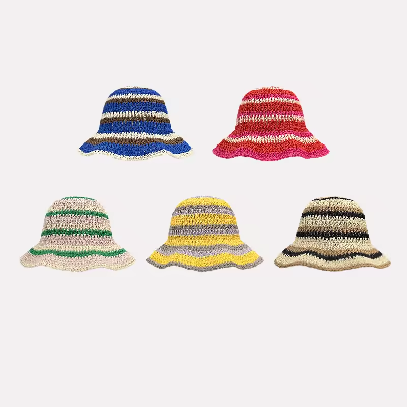 Bucket Hat Straw - Полосатые вязаные крючком соломенные шляпы, дышащая